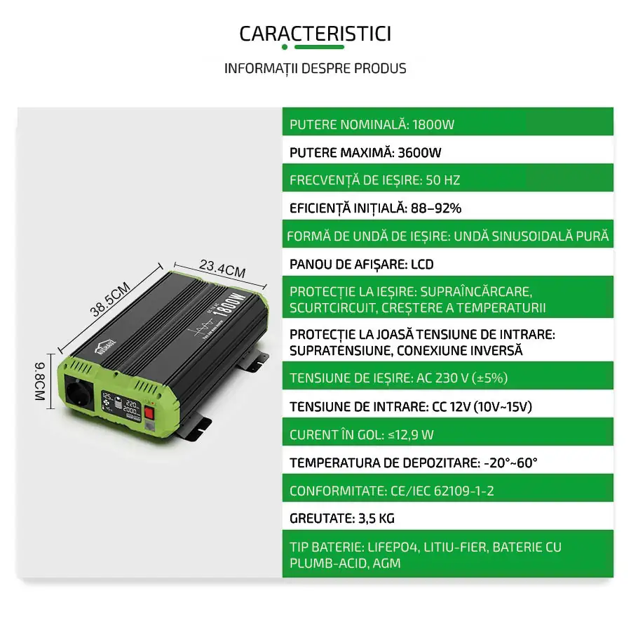 invertor 12-220 1800W caracteristici